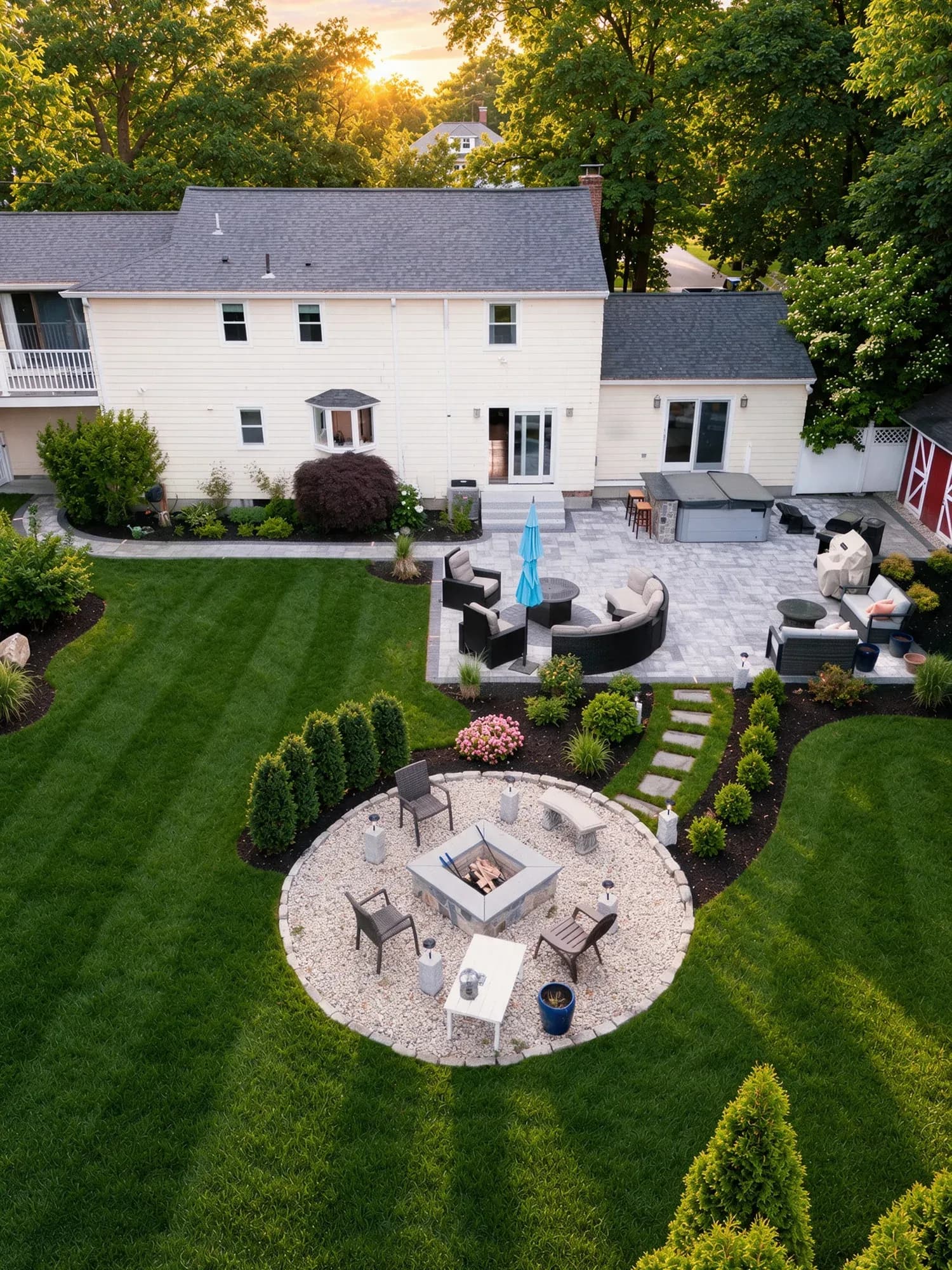 Elevated view of the finished Westwood patio and garden with a stepping-stone connection to the fire pit.