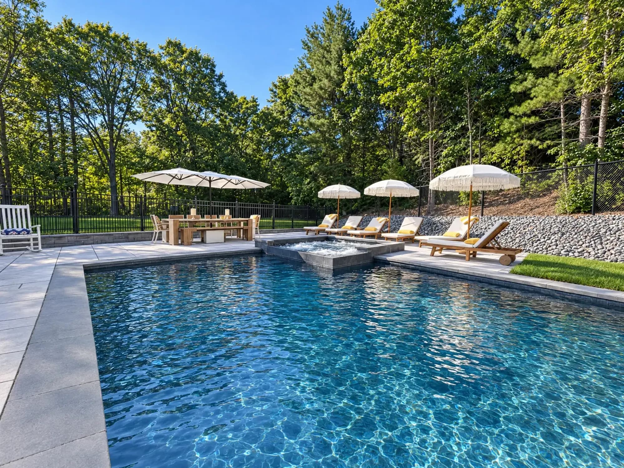 Wide view of the Easton pool, raised spillover spa, dining patio, and lounge chairs.
