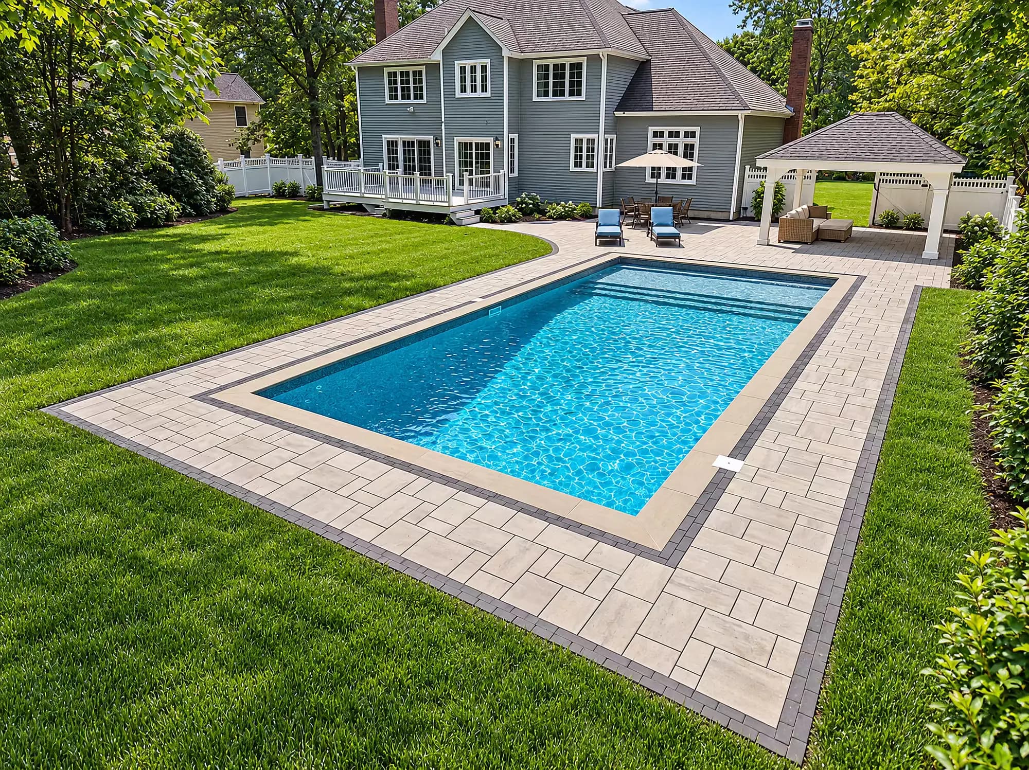 Elevated view of the paver pool deck, patio, and pavilion behind the home in Mansfield, MA.