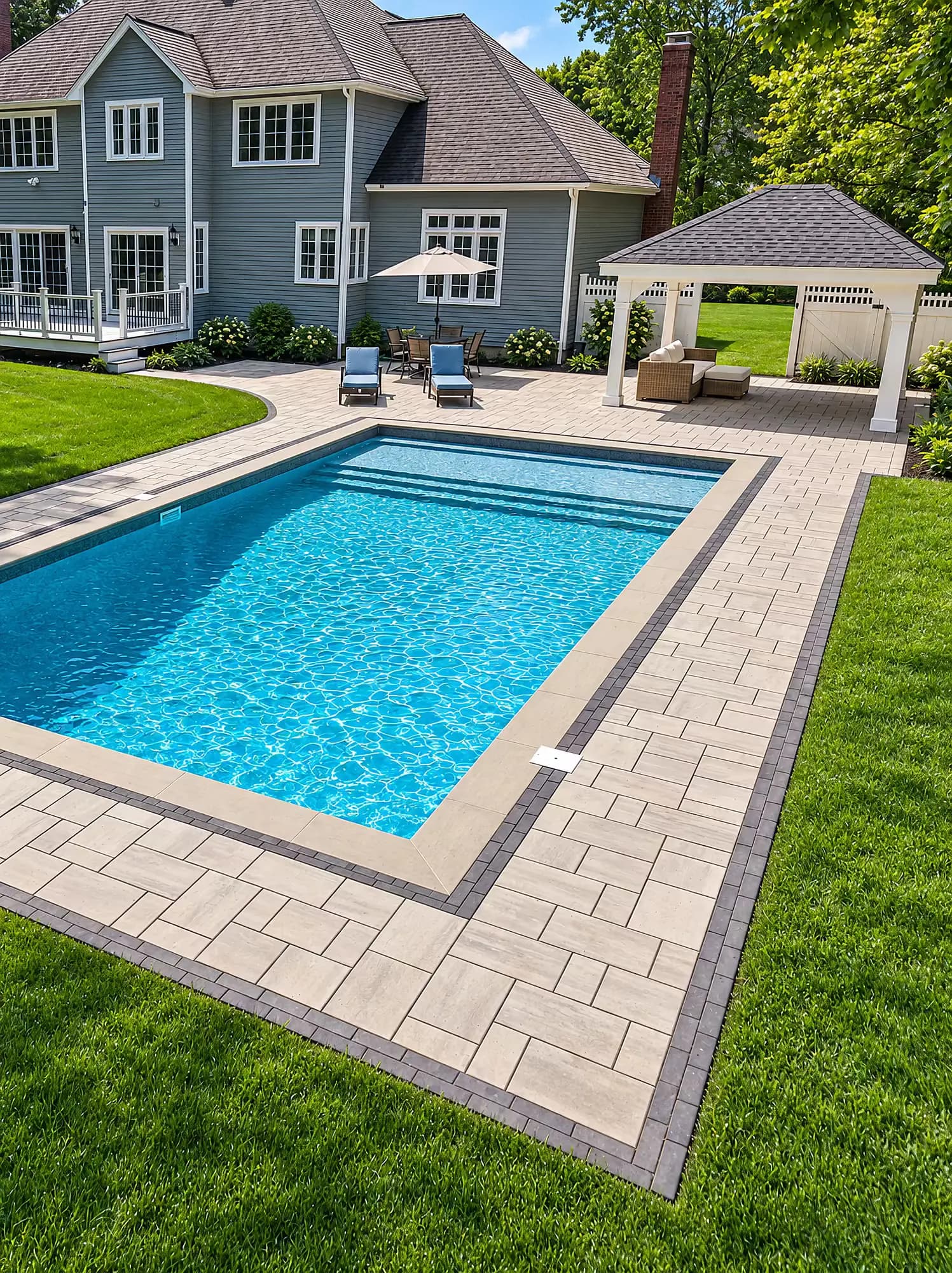 Pool deck corner with a dark paver border, looking toward the patio, pavilion, and house in Mansfield, MA.