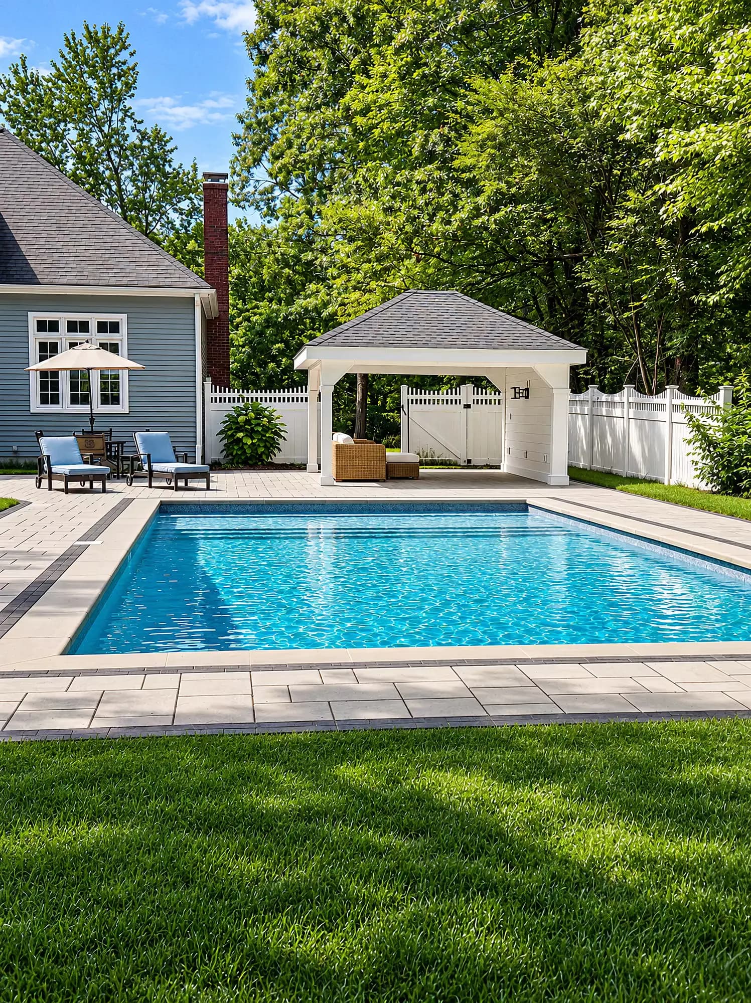 Pavilion and lounge seating at the end of the pool in Mansfield, MA.