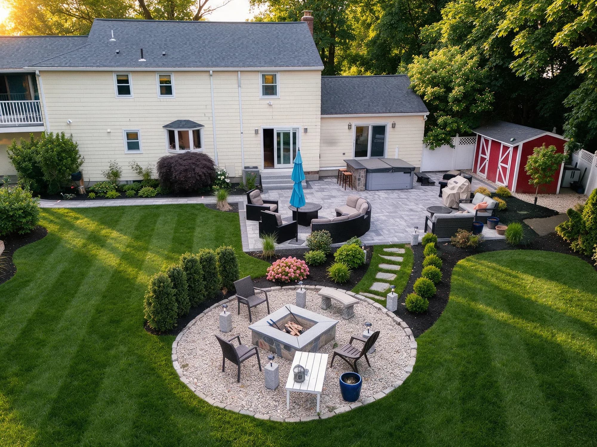 Completed patio, spa, and fire-pit garden in Westwood, MA.