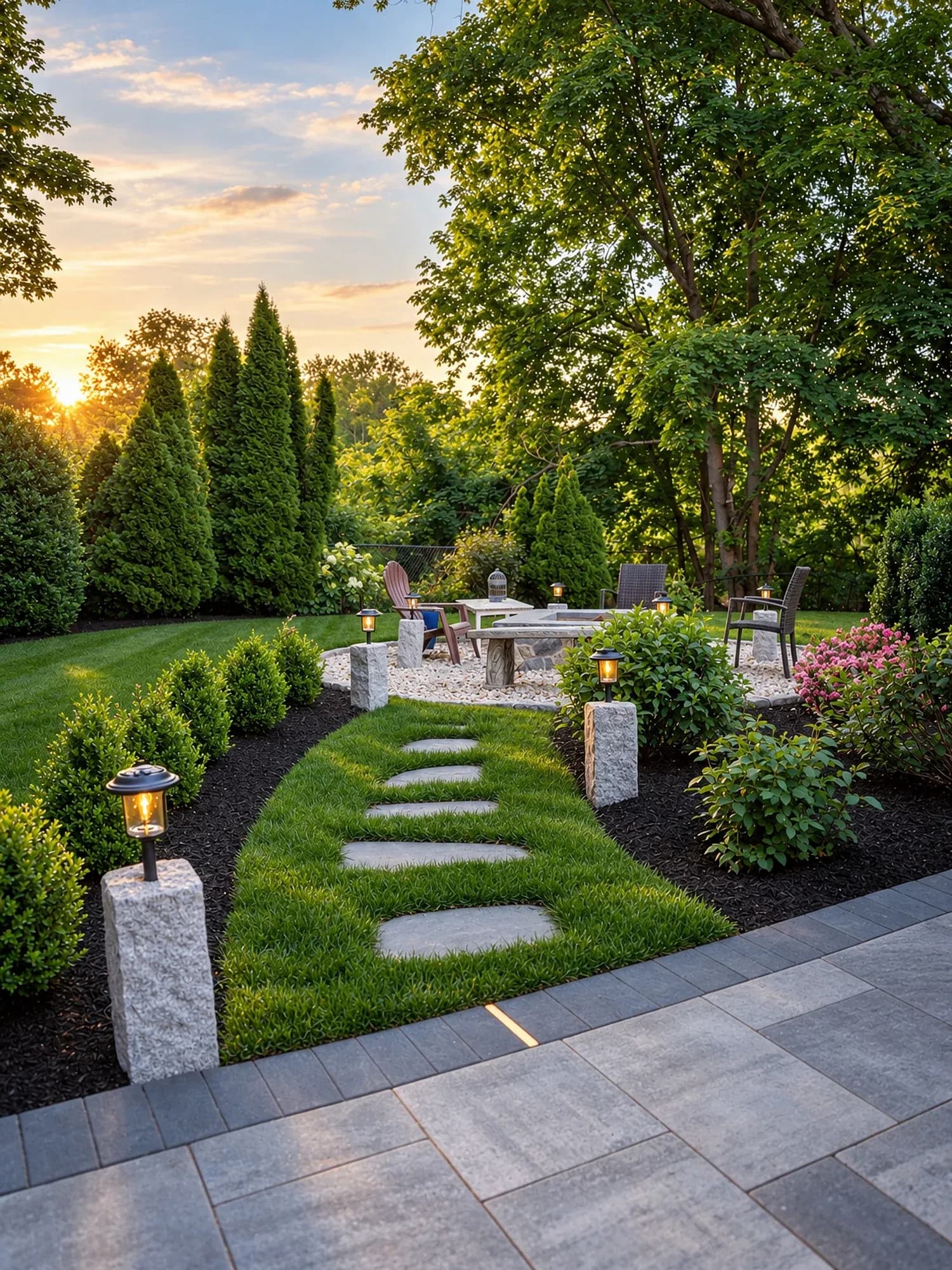 Illuminated stepping-stone garden path leading from the paver patio to the fire-pit area in Westwood, MA.